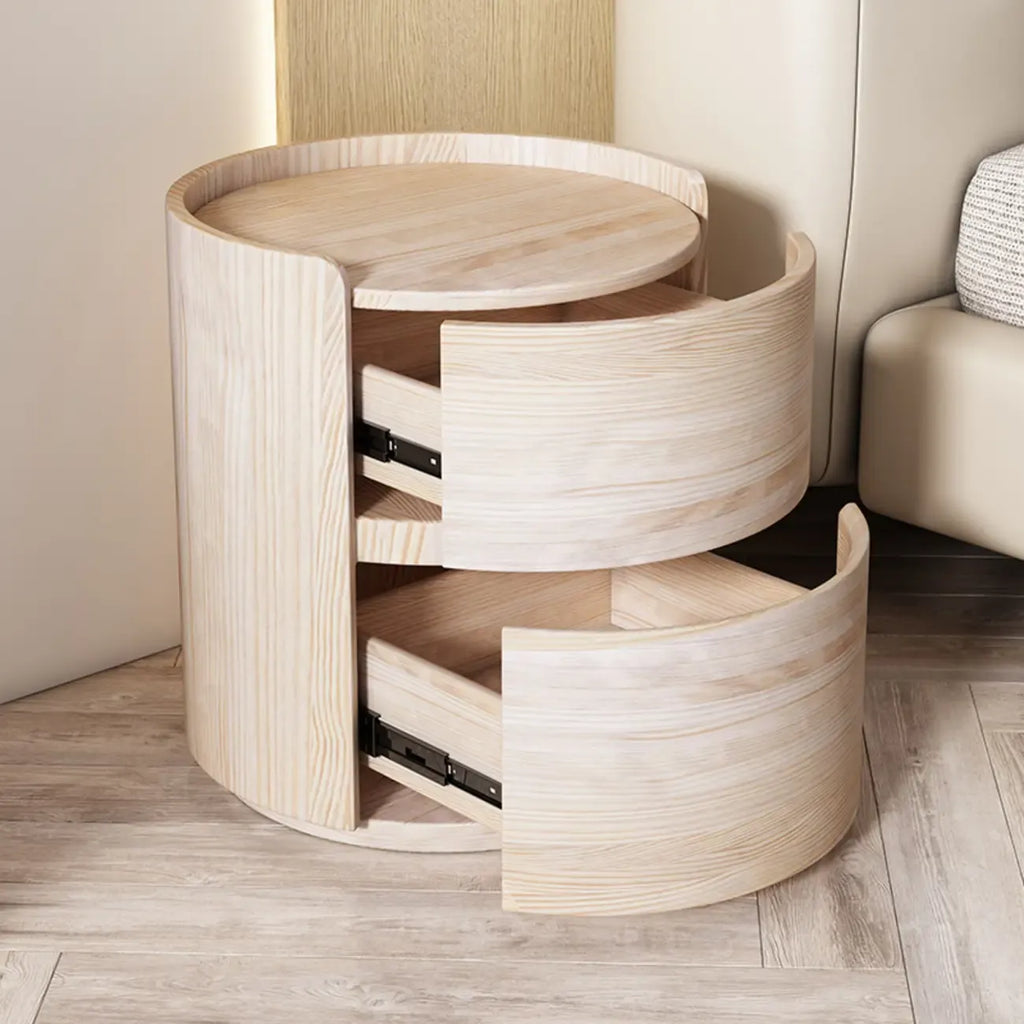 Moderne ronde nachtkast met leren blad en 2 laden