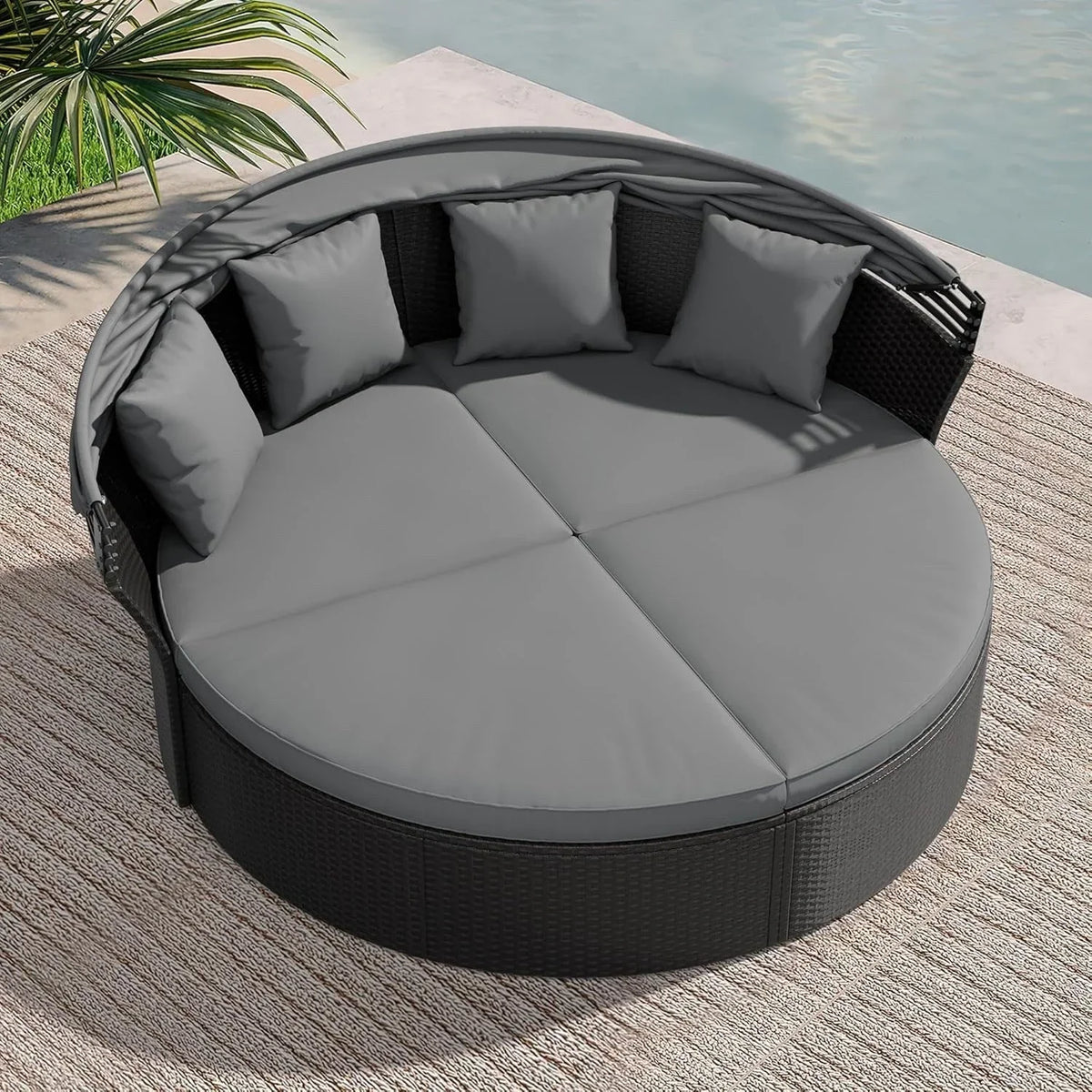 Set da conversazione da esterno Nuon da 4/5 pezzi, set con divano letto in vimini e baldacchino, di Havenside Home