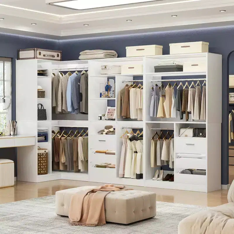Ensemble Besiost de 3 éléments pour dressing d’angle avec étagères en colonne et tiroirs, organisateur de dressing autoportant avec tringles