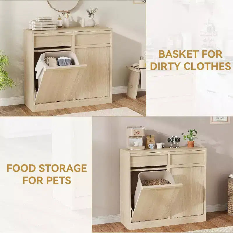 Poubelle inclinable en chêne naturel avec rangement et tiroir, meuble cache-poubelle, panier à linge pour cuisine, salle à manger et salon