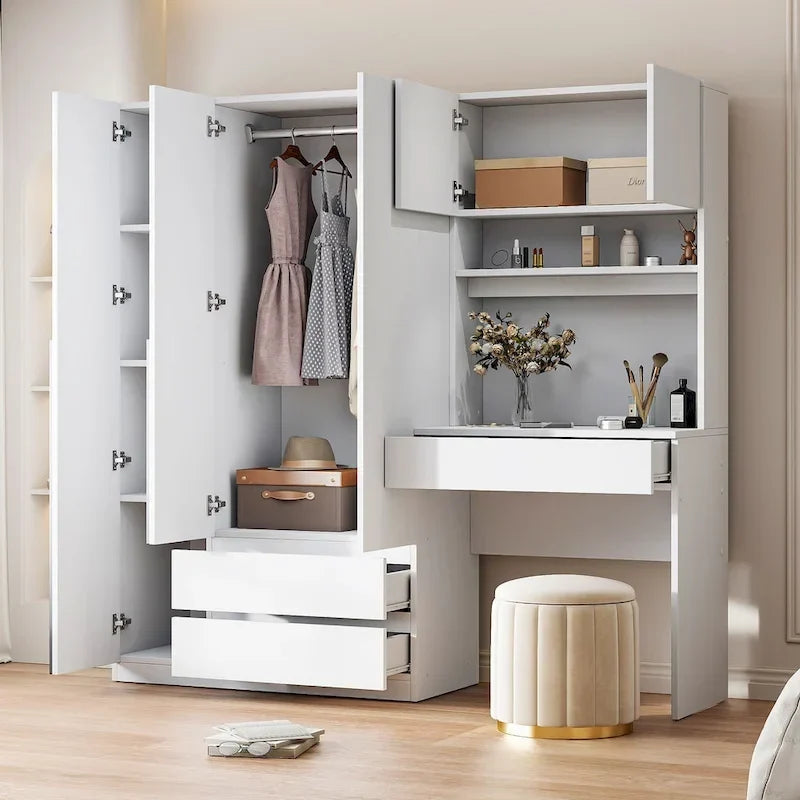 Armoire 3-en-1 avec coiffeuse, ensemble bureau, armoire de chambre avec 2 tiroirs, 3 portes et espace de rangement