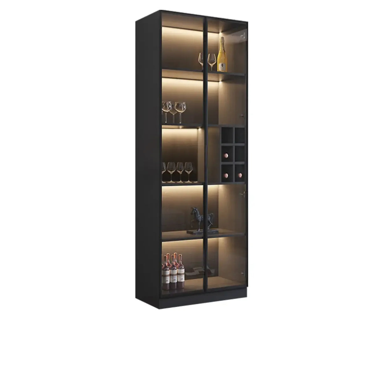 Credenza portabottiglie minimalista in legno nero con anta in vetro