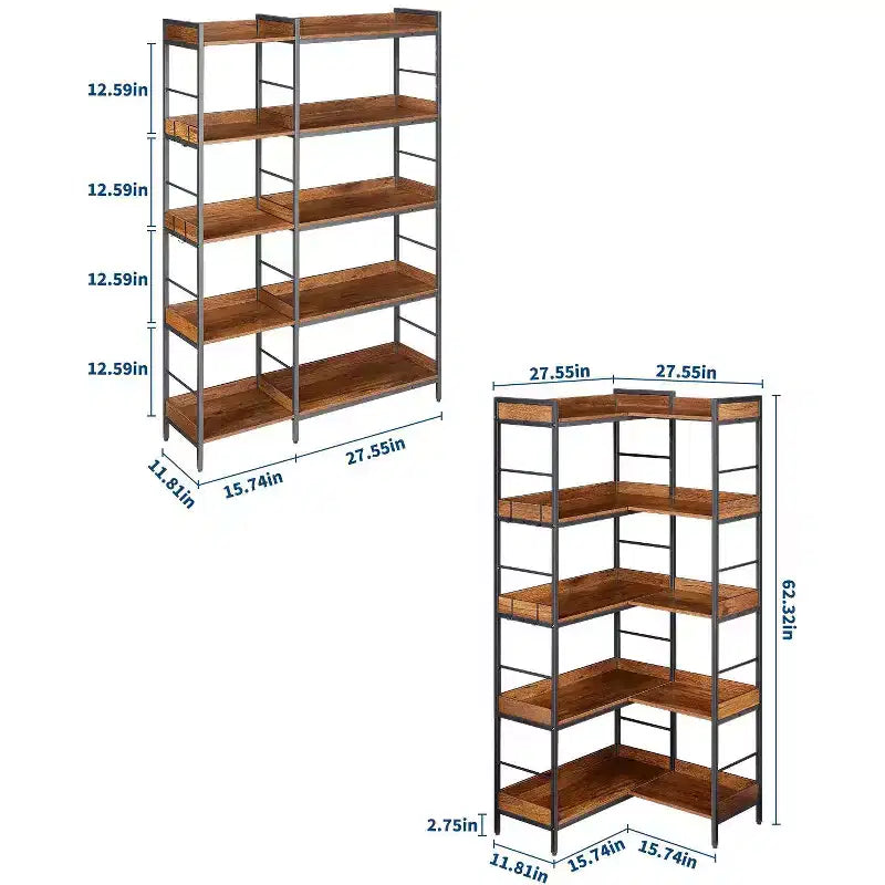 Bibliothèque d’angle en L à 5 niveaux, meuble industriel en bois et métal 65, brun rustique, rangement réversible pour salon, chambre et bureau à domicile
