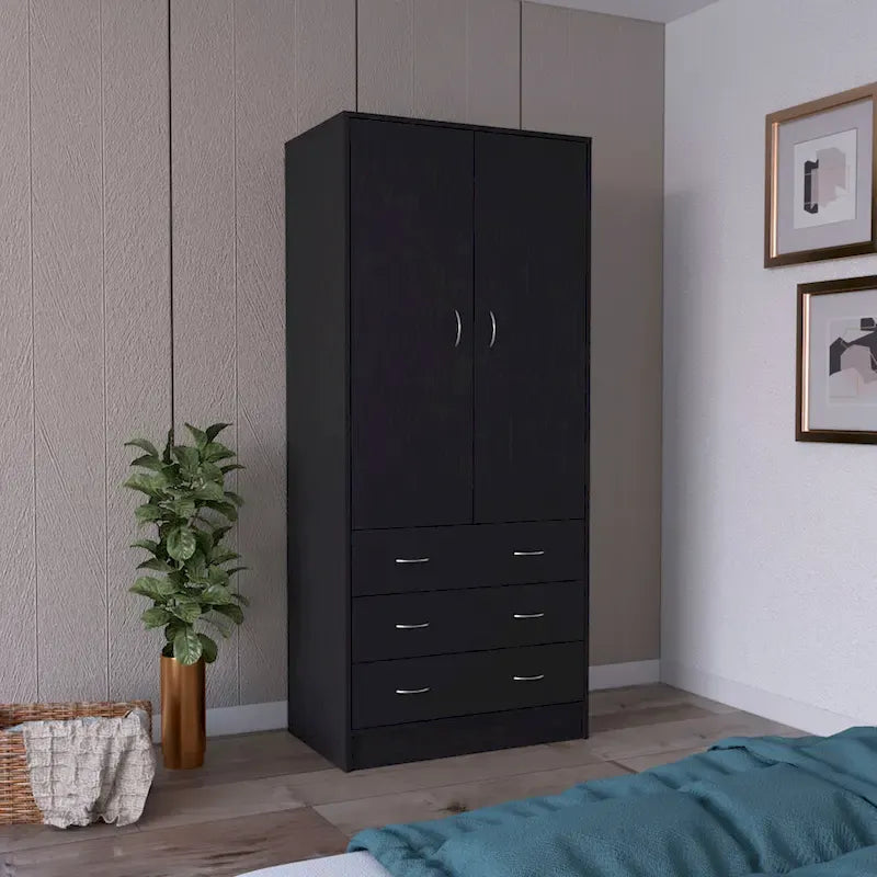 Armoire moderne à deux portes avec 3 tiroirs et 1 tringle pour chambre