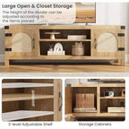 Meuble TV de style bohème de 65 pouces avec porte en rotin – meuble de divertissement en bois avec deux armoires et des étagères réglables, idéal pour les salons
