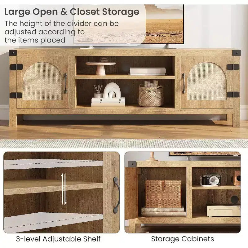 Meuble TV de style bohème de 65 pouces avec porte en rotin – meuble de divertissement en bois avec deux armoires et des étagères réglables, idéal pour les salons