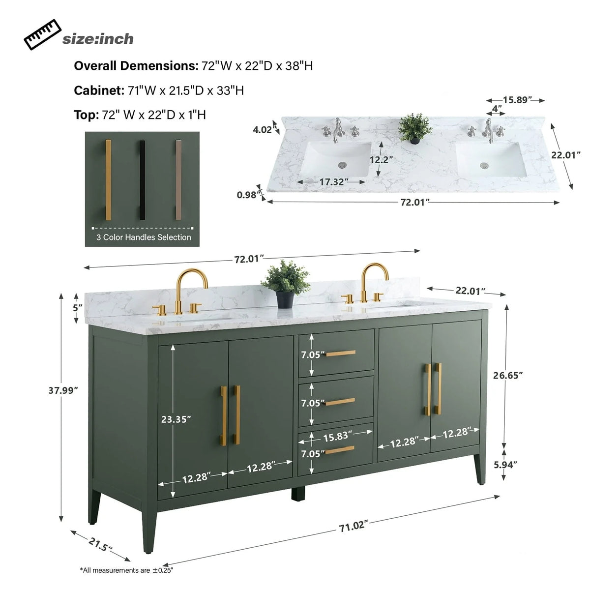 Meuble-lavabo Vanity Art 72 à double vasque avec plateau en marbre reconstitué