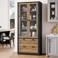 Dispensa da cucina in stile rustico con ante in vetro, mobile contenitore da 72 pollici con cassetti e ripiani regolabili per sala da pranzo, bagno e soggiorno
