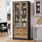 Dispensa da cucina in stile rustico con ante in vetro, mobile contenitore da 72 pollici con cassetti e ripiani regolabili per sala da pranzo, bagno e soggiorno