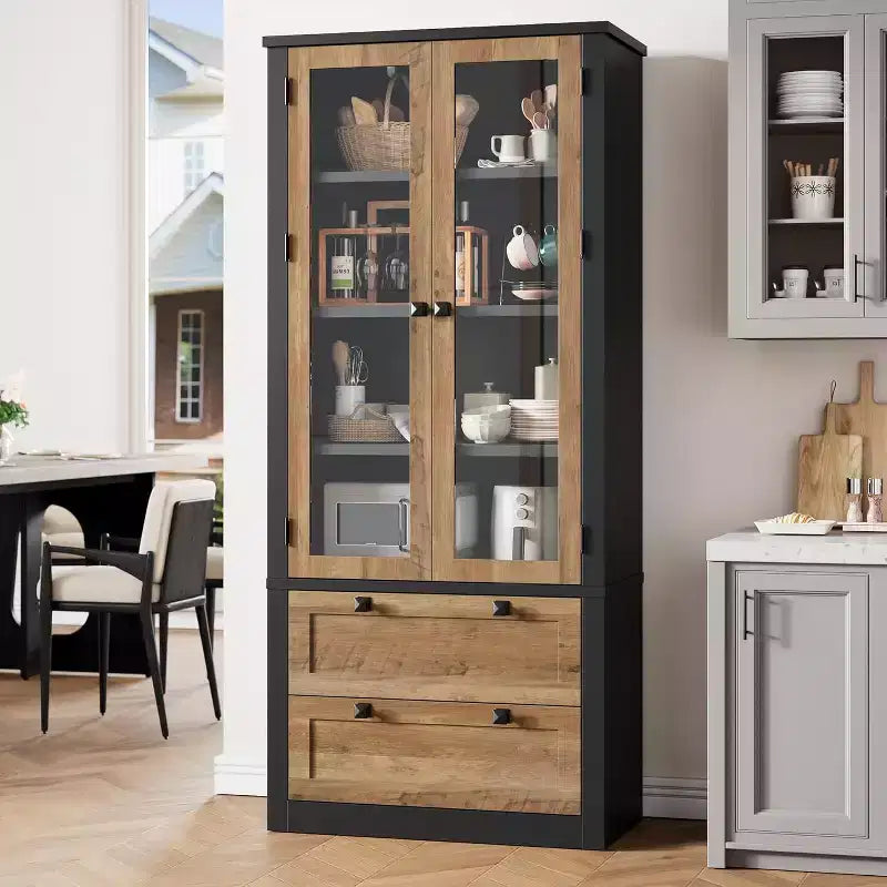 Dispensa da cucina in stile rustico con ante in vetro, mobile contenitore da 72 pollici con cassetti e ripiani regolabili per sala da pranzo, bagno e soggiorno