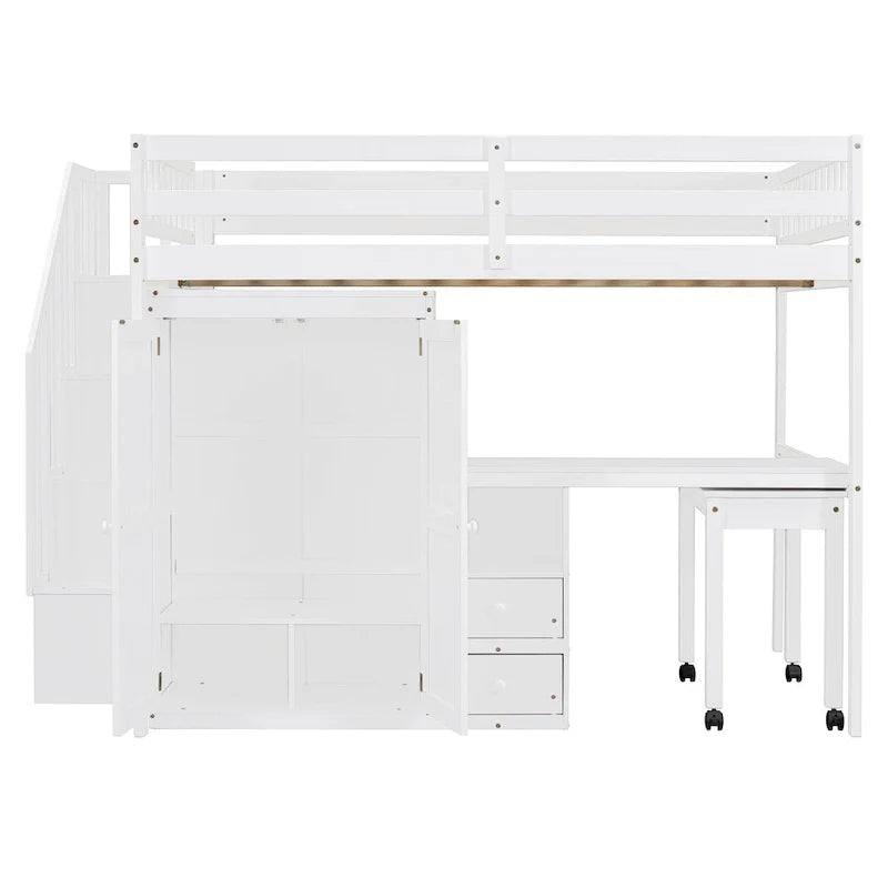 Letto a soppalco matrimoniale con scale, libreria, scrivania e guardaroba, mobile multifunzionale salvaspazio per bambini e ragazzi - bianco