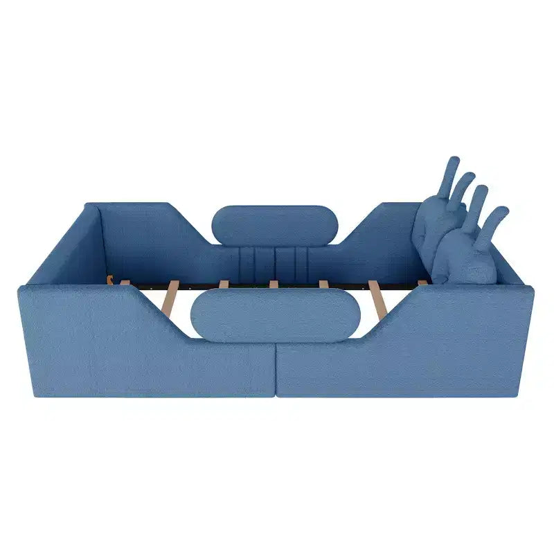Letto a piattaforma singolo Whisen, struttura imbottita per letto a terra per bambini con cuscino a forma di coniglio e sponde laterali rimovibili