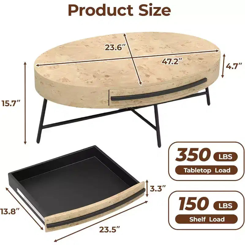 Table basse ovale Acekool avec tiroir, table de rangement en bois de 47,2 avec pieds en métal croisés, table centrale moderne du milieu du siècle en finition bois naturel et saule doré
