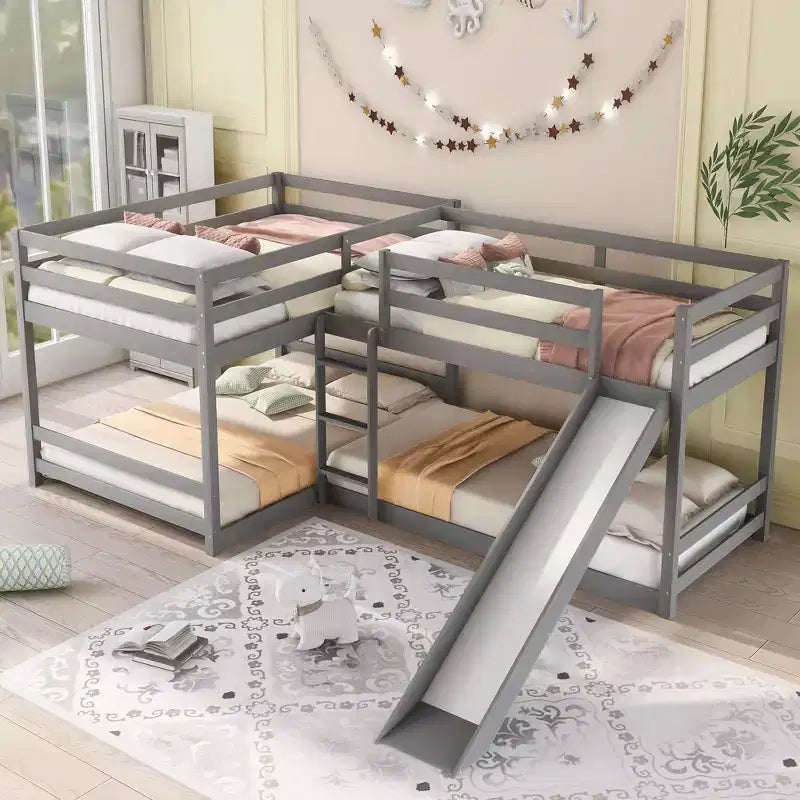 Lit superposé en L pour 4 enfants, lit superposé quadruple avec toboggan, structure en bois avec couchage double et simple pour chambre ou dortoir
