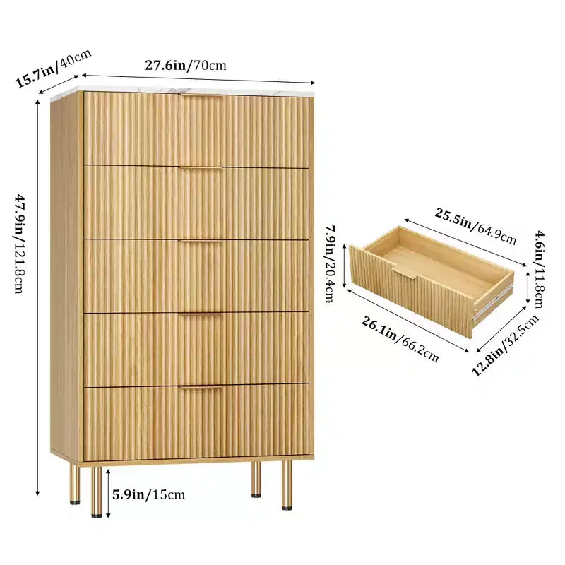 Cassettiera bianca / effetto marmo e legno a 5 cassetti - Pannello scanalato, per 1 persona