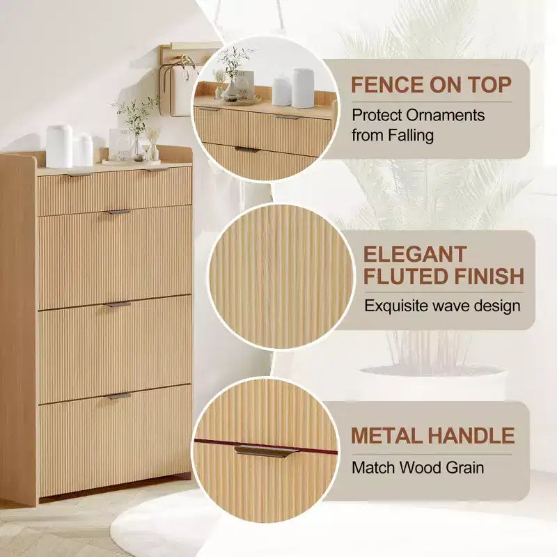 Scarpiera moderna bianca con 3 cassetti ribaltabili, 2 cassetti piccoli e ganci, organizer sottile scanalato per scarpe, mobile stretto per ingresso