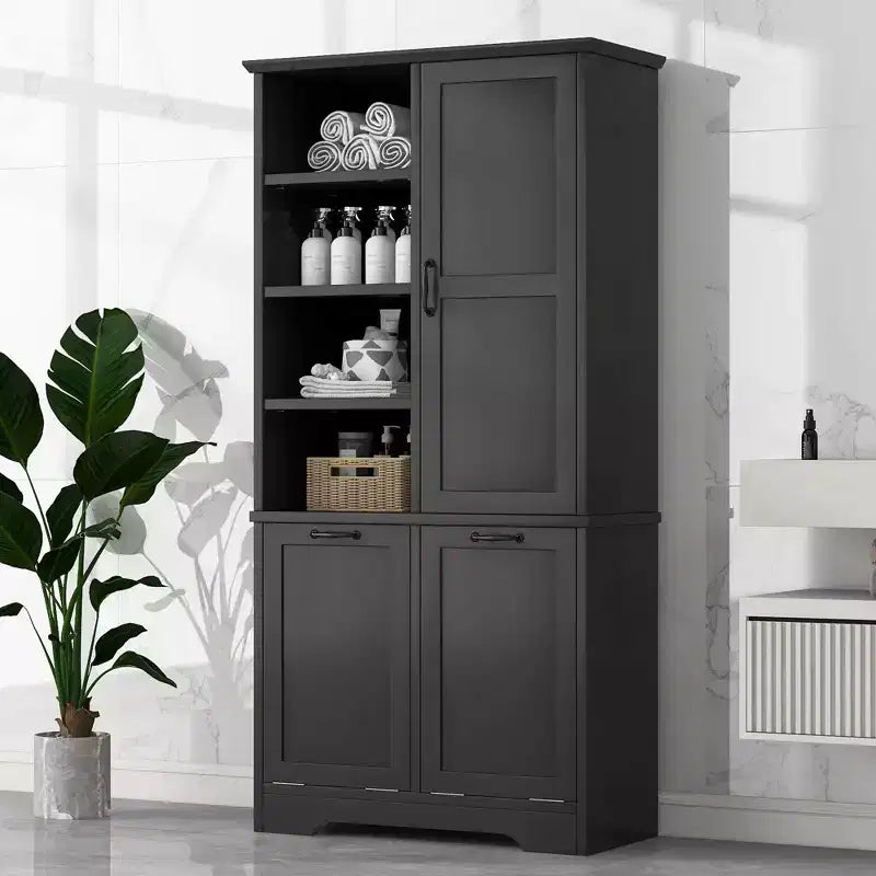 Meuble de rangement de salle de bains avec portes et tiroirs, panier à linge basculant, multiples espaces de rangement, style autoportant