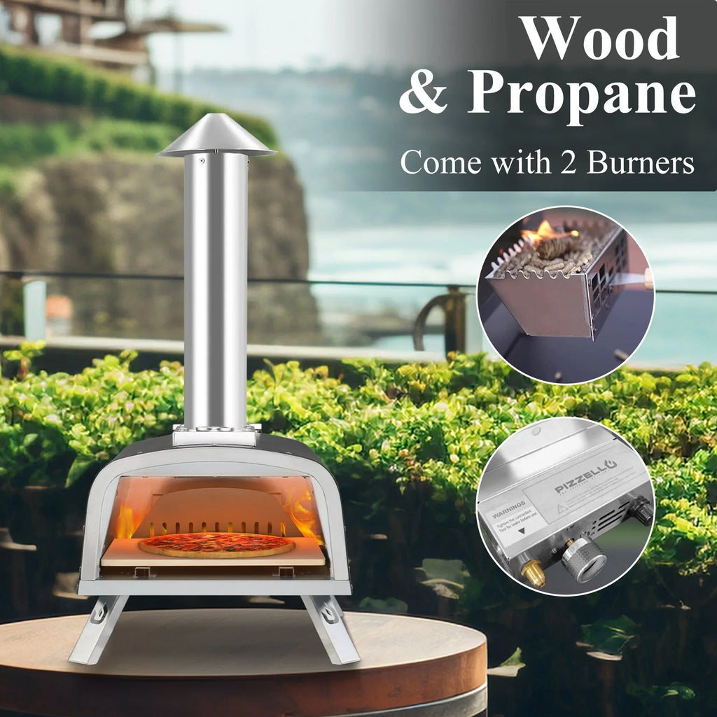 Four à pizza extérieur multicombustible, appareil à pizza cuite sur pierre avec brûleur à gaz et compartiment à bois – 12 pouces