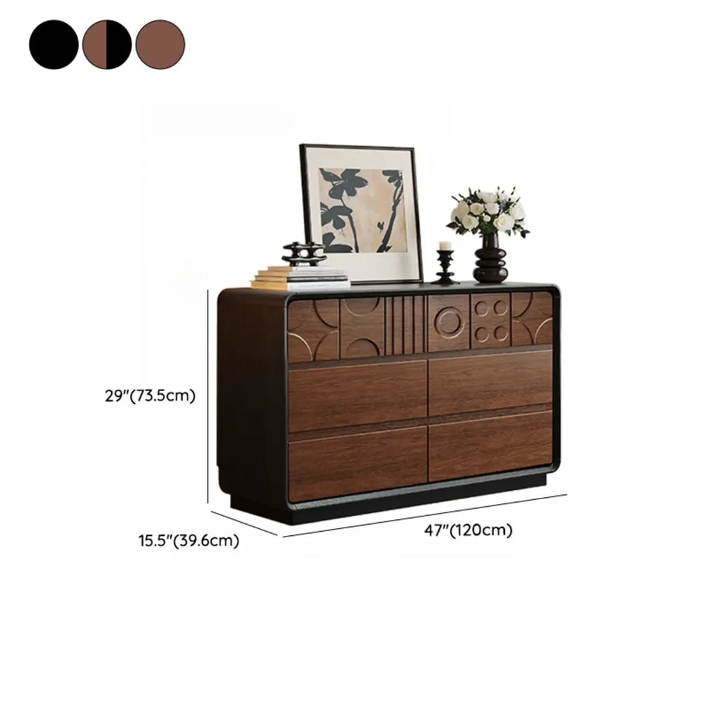 Commode en bois inspirée de l’Art déco avec motifs géométriques sculptés