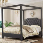 Cadre de lit à baldaquin Queen Size avec poteaux et supports d’angle à 4 coins, lattes en bois massif, sans sommier requis, silencieux