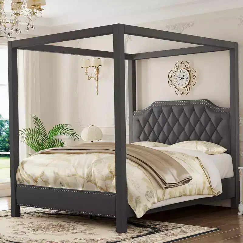Cadre de lit à baldaquin Queen Size avec poteaux et supports d’angle à 4 coins, lattes en bois massif, sans sommier requis, silencieux