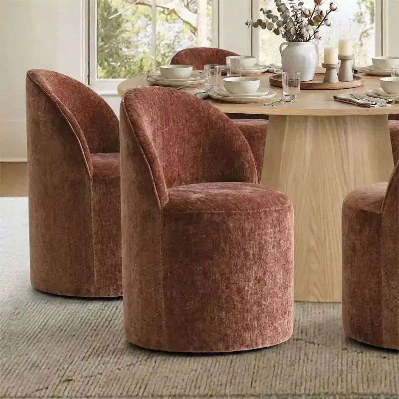 Ensemble de table à manger moderne pour 6 personnes, table ronde à piètement central, fauteuils tonneau pivotants à roulettes, chenille texturée - Panipeachy