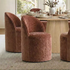 Ensemble de table à manger moderne pour 6 personnes, table ronde à piètement central, fauteuils tonneau pivotants à roulettes, chenille texturée - Panipeachy