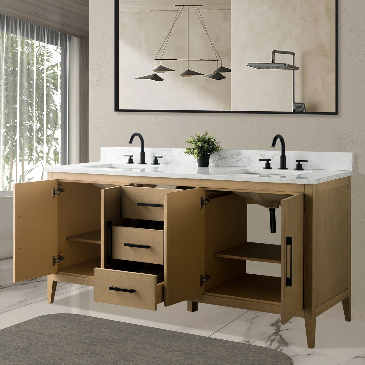 Meuble-lavabo Vanity Art 72 à double vasque avec plateau en marbre reconstitué