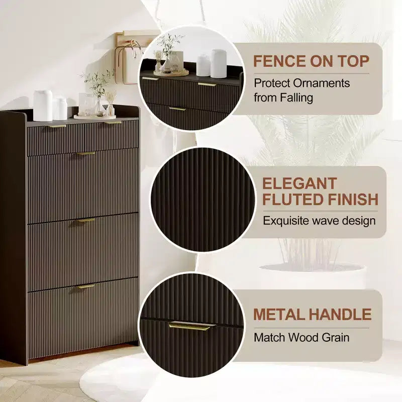 Scarpiera moderna bianca con 3 cassetti ribaltabili, 2 cassetti piccoli e ganci, organizer sottile scanalato per scarpe, mobile stretto per ingresso