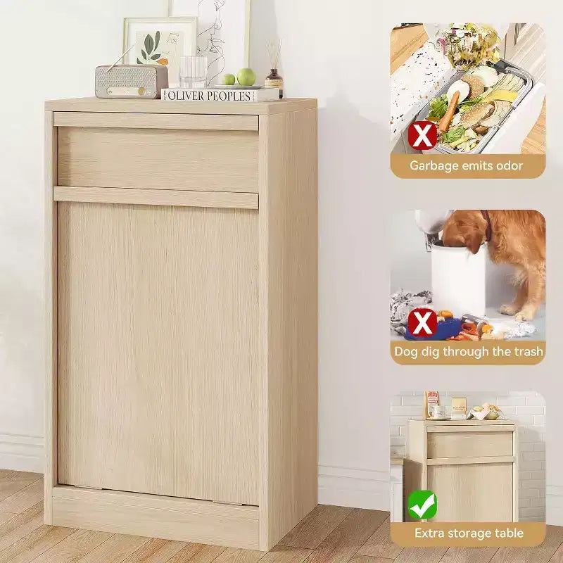 Poubelle inclinable en chêne naturel avec rangement et tiroir, meuble cache-poubelle, panier à linge pour cuisine, salle à manger et salon