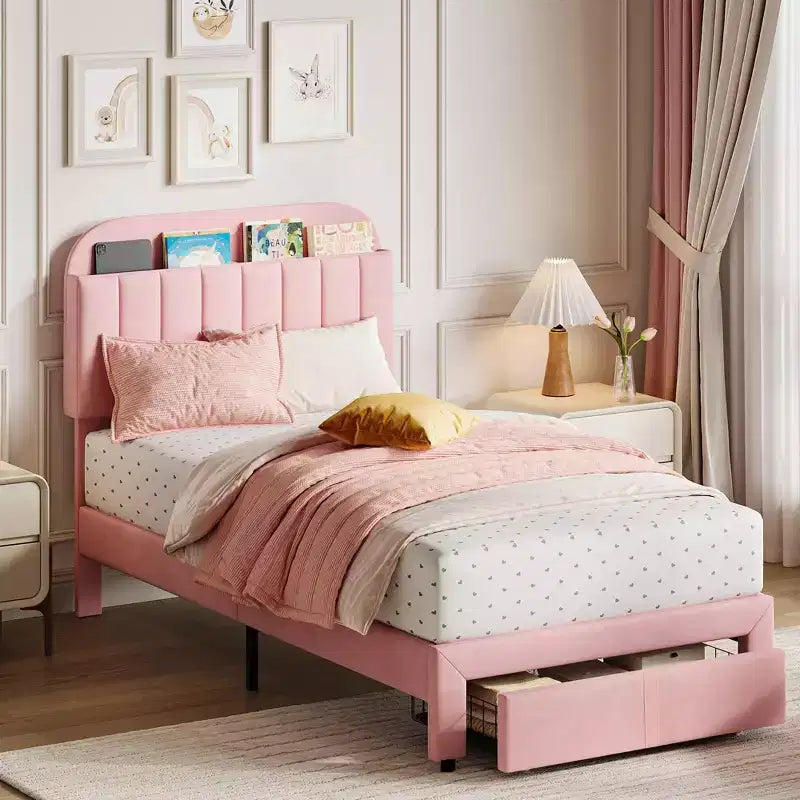 Cadre de lit simple 2 pièces avec tiroirs de rangement et tête de lit, rembourrage en velours, profil bas, silencieux, montage facile, rose