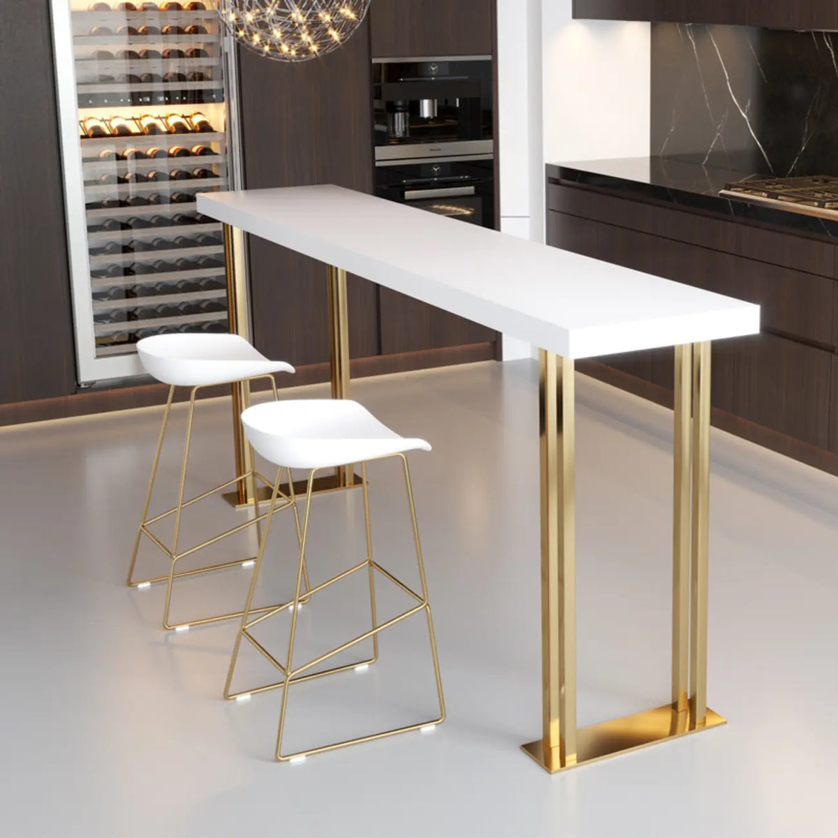 Tavolo da bar rettangolare di lusso in legno con base dorata a slitta per sala da pranzo