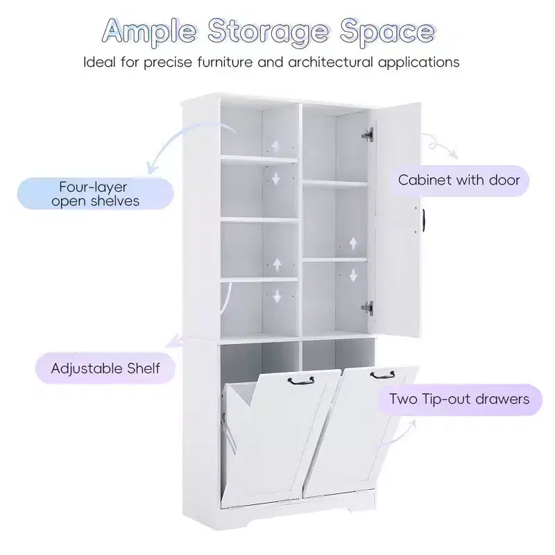Meuble de rangement de salle de bains avec portes et tiroirs, panier à linge basculant, multiples espaces de rangement, style autoportant