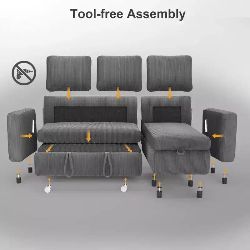 Dyonery 81-Sitzer-Schlafsofa, L-förmiges Ausziehsofa mit wendbarer Recamiere mit Stauraum, USB-Anschluss und verstellbarer Rückenlehne