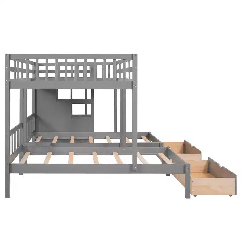 Lit superposé Whisen avec lit double au-dessus de deux lits une place, lit superposé triple en bois avec tiroirs et barrières de sécurité