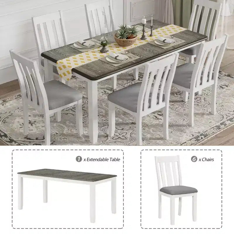 Ensemble de table à manger extensible de style champêtre pour 6 personnes, table rectangulaire et 6 chaises rembourrées