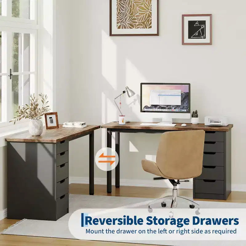 Scrivania per computer da 47 pollici con 5 cassetti portaoggetti, tavolo moderno rustico reversibile da studio e scrittura, postazione per ufficio domestico per piccoli spazi
