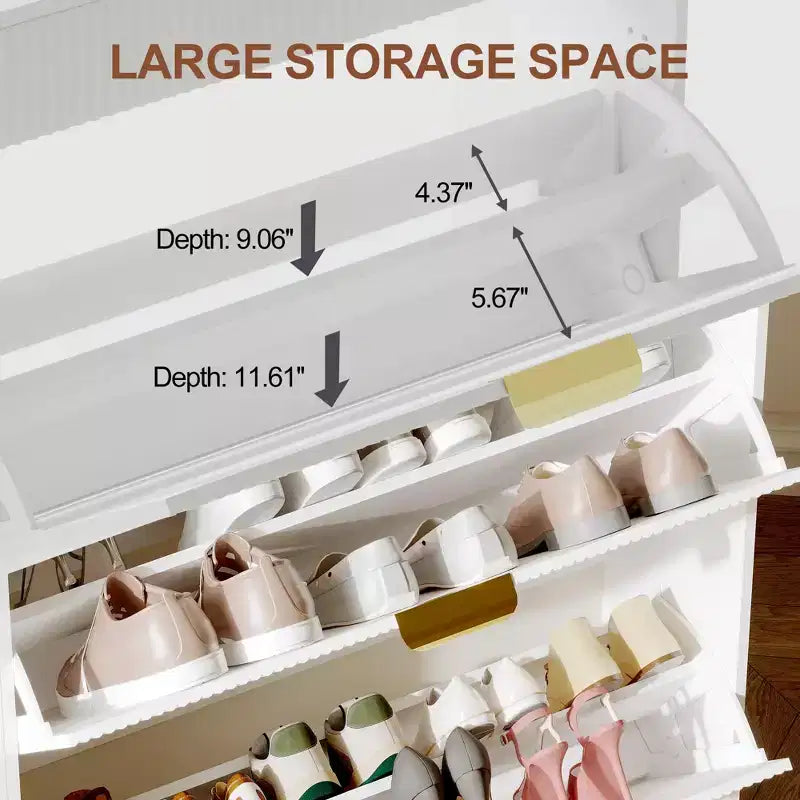 Scarpiera moderna bianca con 3 cassetti ribaltabili, 2 cassetti piccoli e ganci, organizer sottile scanalato per scarpe, mobile stretto per ingresso