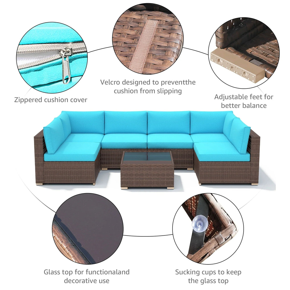 Ensemble de canapé modulaire d’extérieur rembourré en osier et acier, 7 pièces