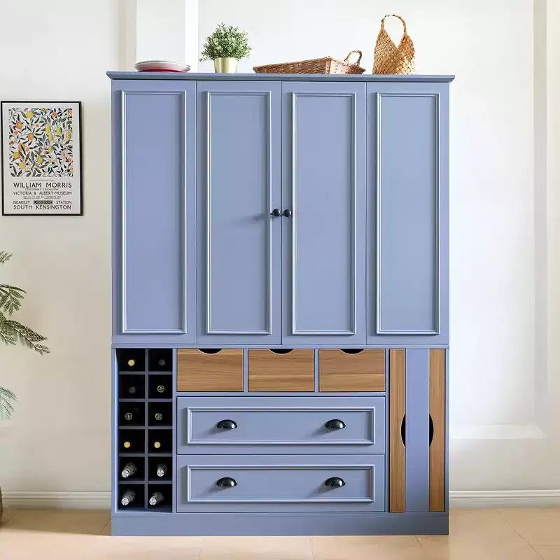 Armoire garde-manger indépendante Whisen de 71 po de hauteur, grand meuble de rangement pour salle à manger avec 4 portes pliantes, étagères et porte-bouteilles