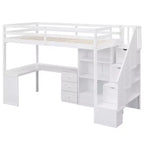 Letto a soppalco singolo con scrivania a L, 3 cassetti, armadietto e spazio contenitore nella scala, struttura in pino massello e MDF