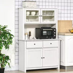 HOMCOM 63.5 Kitchen Buffet with Hutch, Pantry Storage Cabinet with 4 Shelves, Drawers, Framed Glass Doors, Open Microwave Countertop