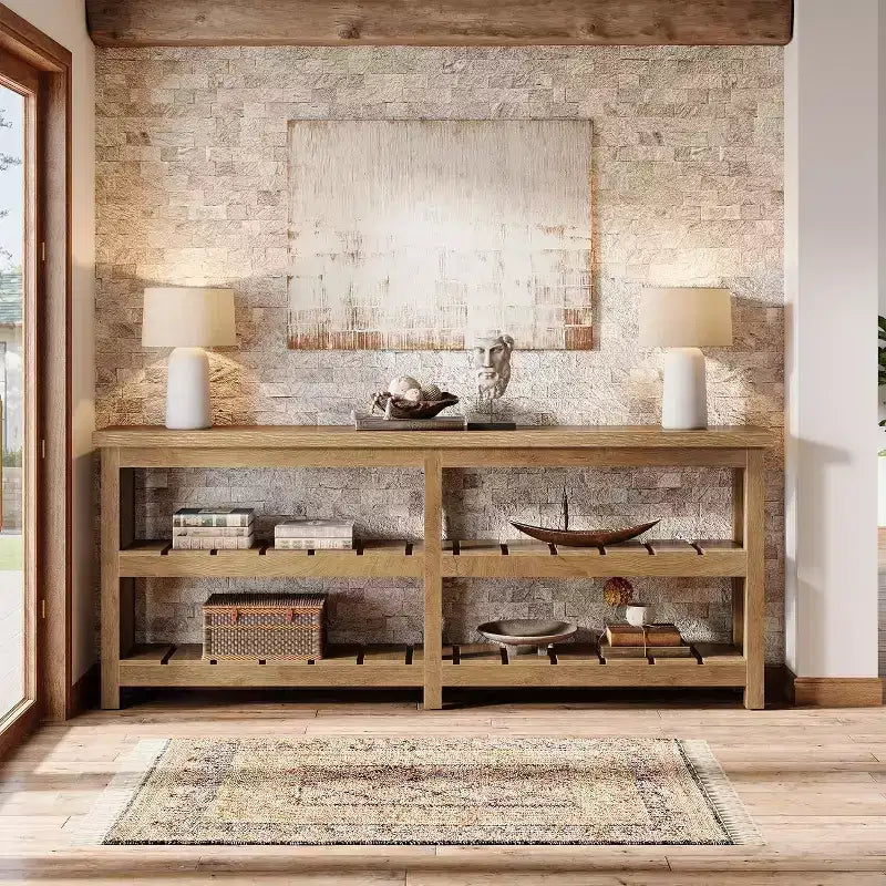 Table console extra longue Tribesigns de 180 cm, table d’entrée de style campagne à 3 niveaux, table en bois derrière le canapé pour salon, couloir et vestibule