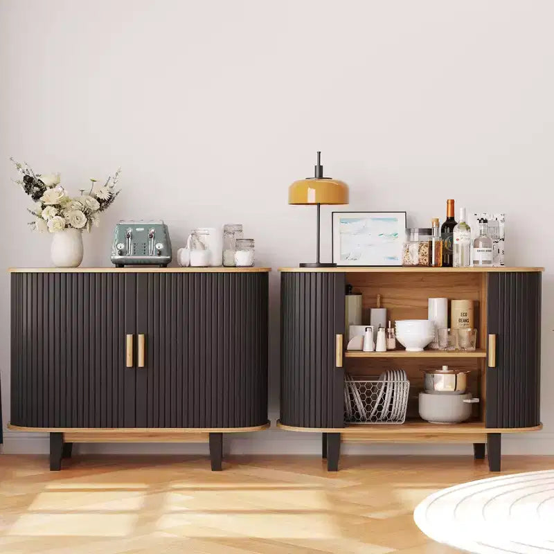Credenza a doghe da 40", mobile contenitore con anta scorrevole e ripiano regolabile, credenza moderna, tavolo consolle da bar a tamburo