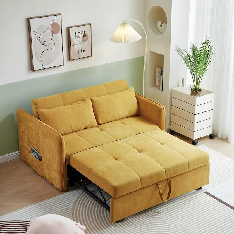 Canapé-lit escamotable en tissu chenille jaune - 39.00 x 53.50 x 31.50