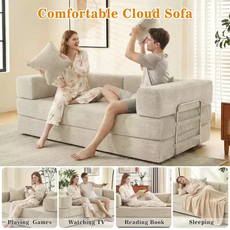 Canapé-lit pliant Dyonery 78 convertible en canapé en velours côtelé, format king, couchage au sol, 4-en-1, canapé modulaire à combiner soi-même, confortable et dépliant