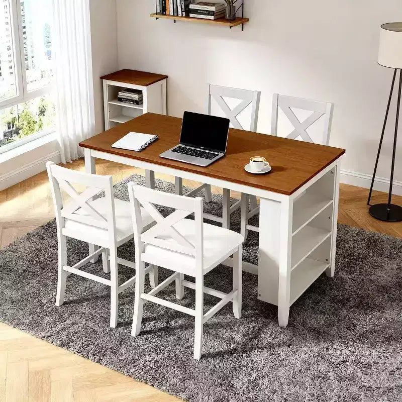 Homy Casa 5-teiliges Esstisch- und Stuhlset in Tresenhöhe mit Ablagen, Weiß und Walnuss, moderner Landhausstil