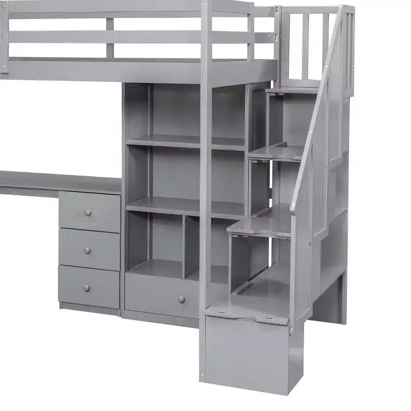 Letto a soppalco singolo con scrivania a L, 3 cassetti, armadietto e spazio contenitore nella scala, struttura in pino massello e MDF