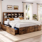Eenpersoonsbedframe met opberghoofdbord, houten bedframe met 4 laden, boekenkast voor opbergruimte en kingsize platformbed met stevige metalen ondersteuning