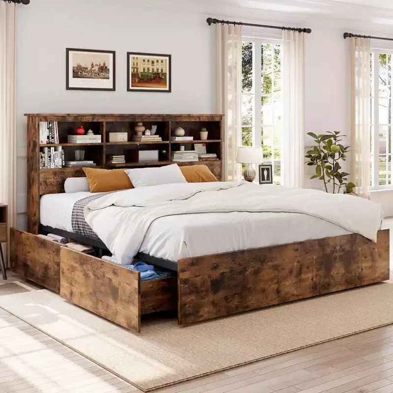 Eenpersoonsbedframe met opberghoofdbord, houten bedframe met 4 laden, boekenkast voor opbergruimte en kingsize platformbed met stevige metalen ondersteuning